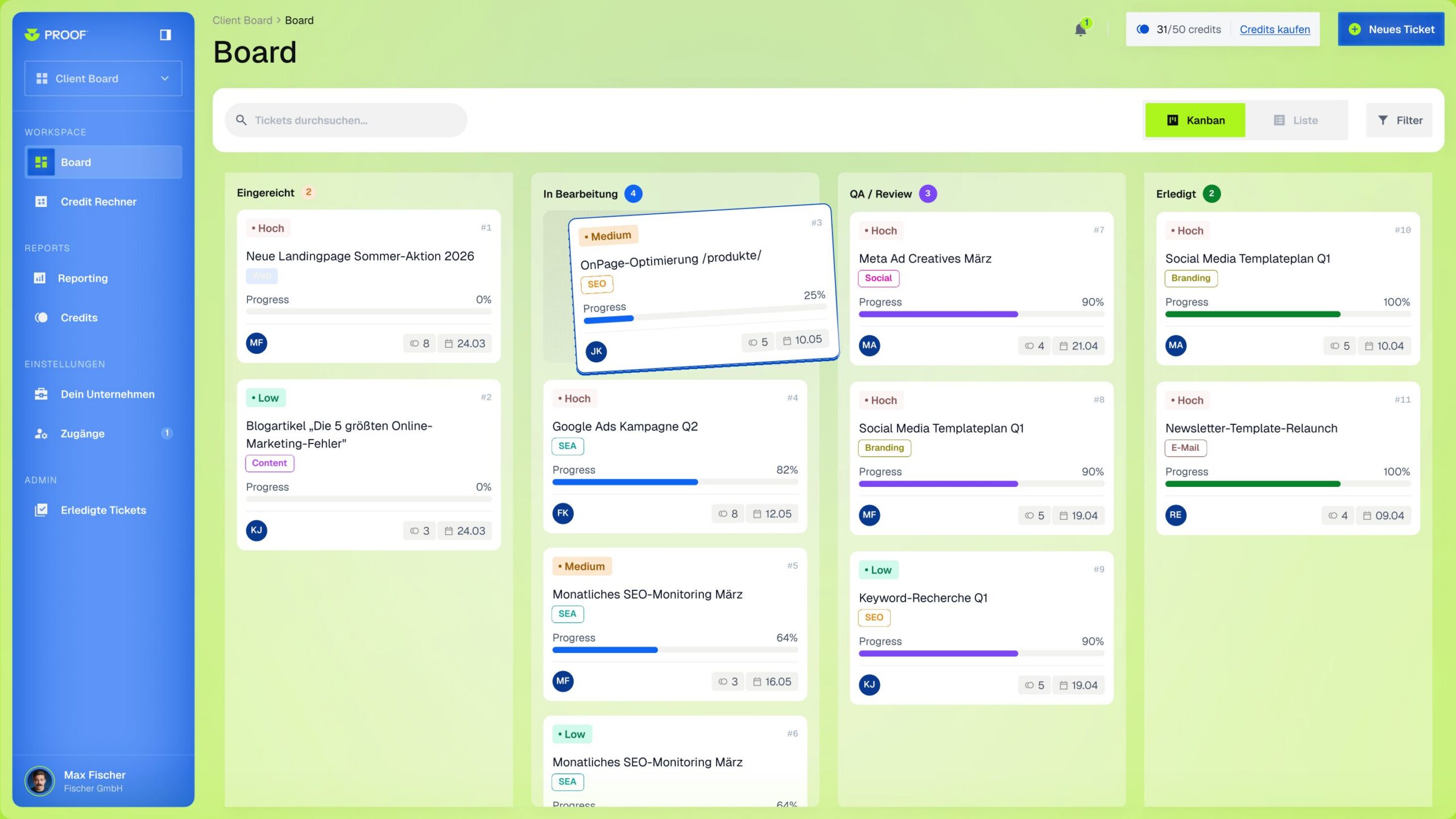 Proof Client Board: Tickets im Kanban-Überblick mit Status, Priorität und Fortschritt