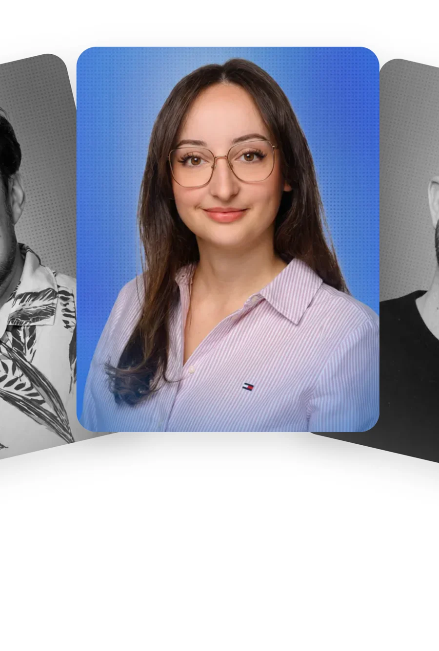 Drei Teamfotos als Karten, die mittlere in Farbe