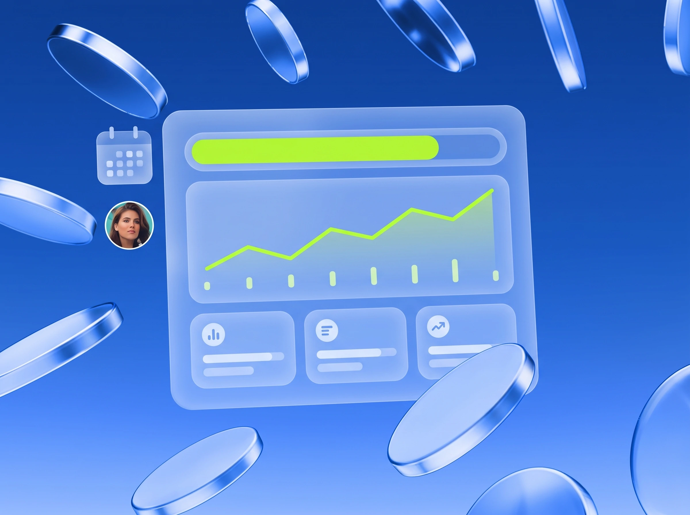 Illustration: Dashboard mit Budgetbalken und steigender Kurve in Lime