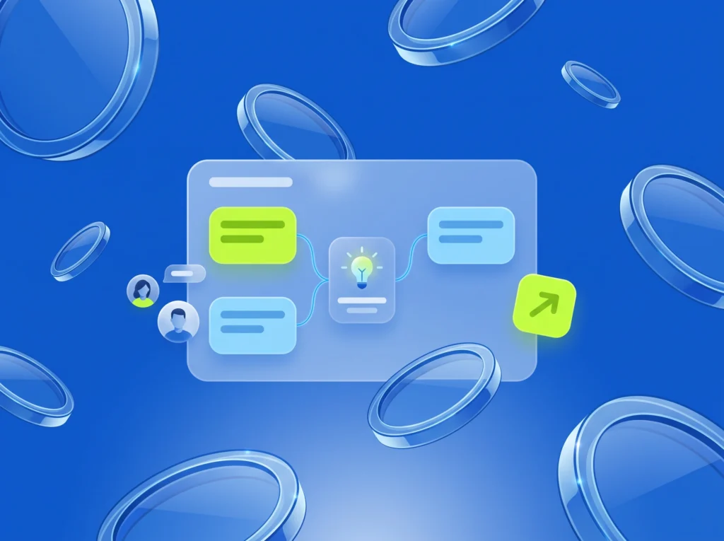Illustration: Ideenboard mit Notizen, eine in Lime, und Glühbirne