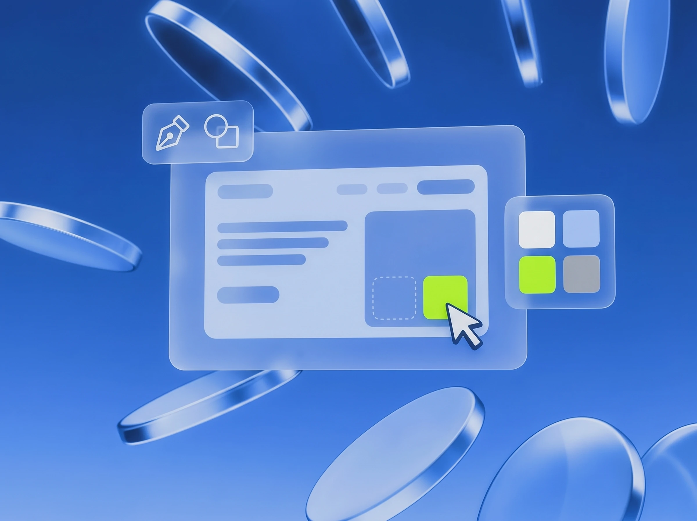 Illustration: Design-Werkzeug mit Artboard und Farbpalette, ein Farbfeld in Lime