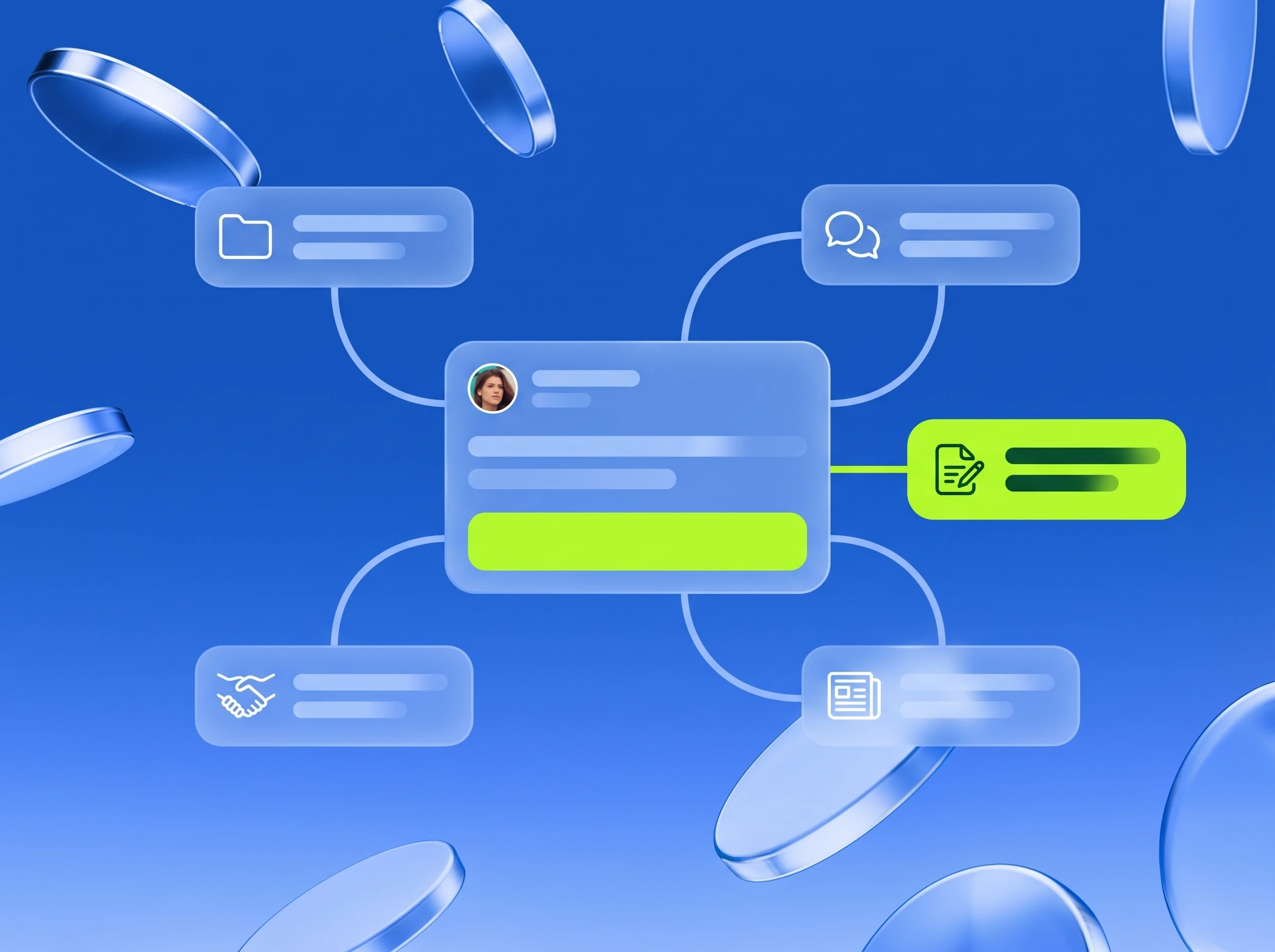 Illustration: Website-Karte mit Verbindungen zu fünf Quellen, eine in Lime