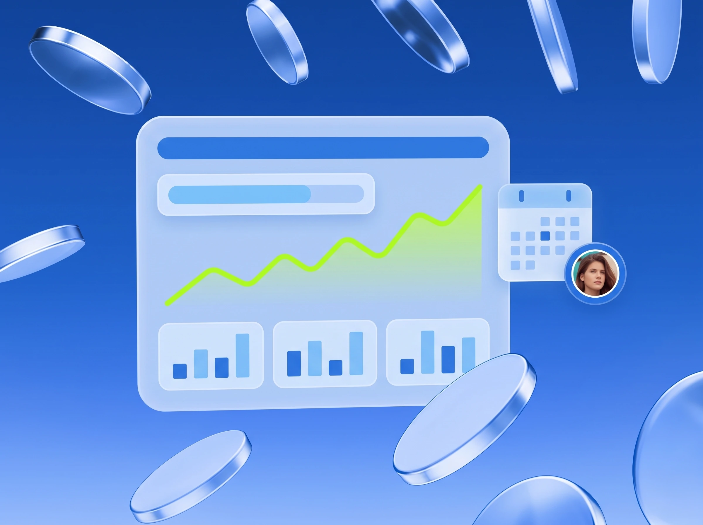 Illustration: Dashboard mit Budgetbalken und steigender Kurve in Lime