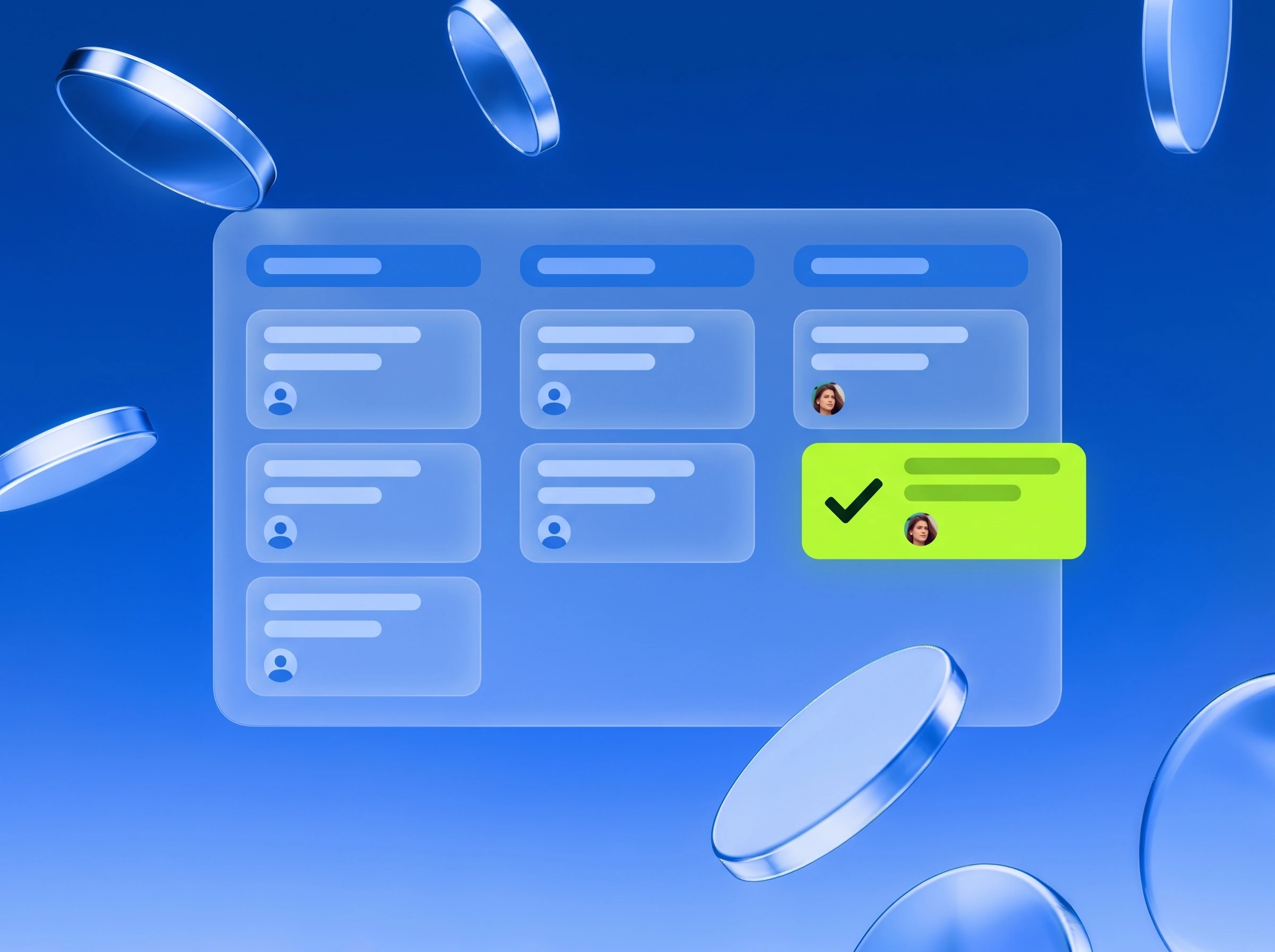 Illustration: Board mit Karten, eine in Lime mit Haken