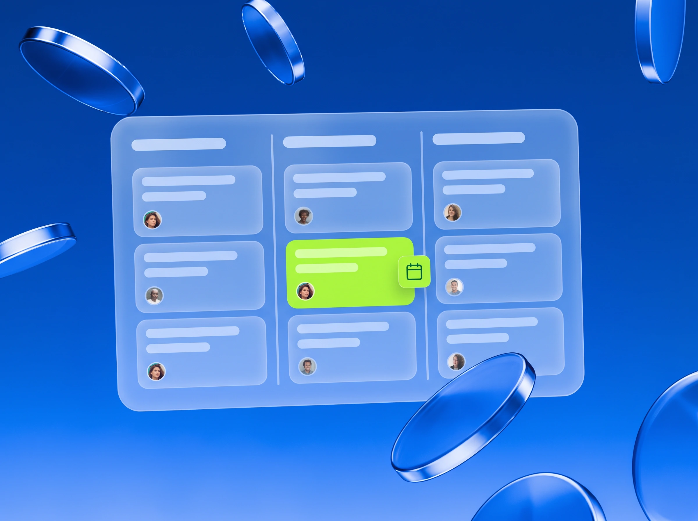 Illustration: Board mit Karten und Avataren, eine in Lime