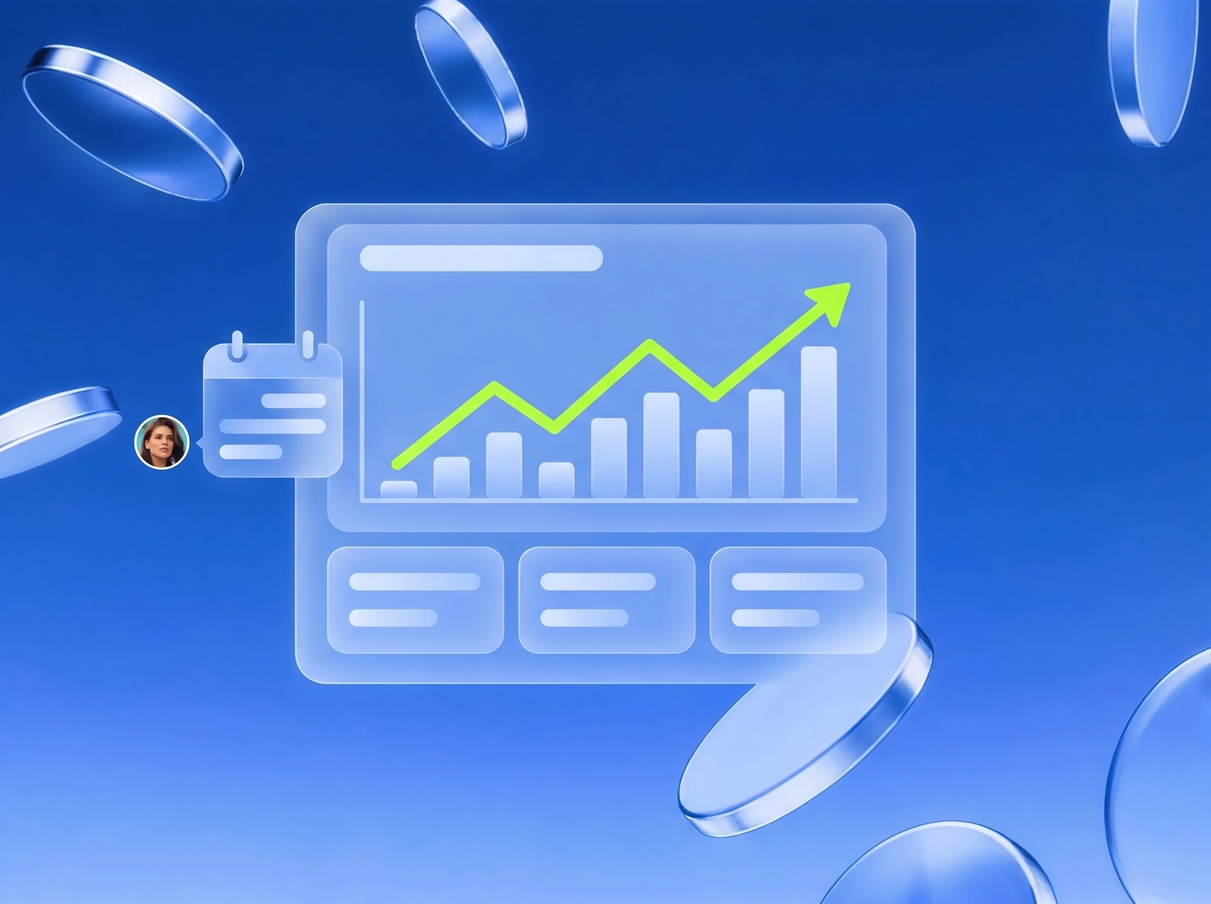 Illustration: Dashboard mit steigender Kurve, Trendpfeil in Lime