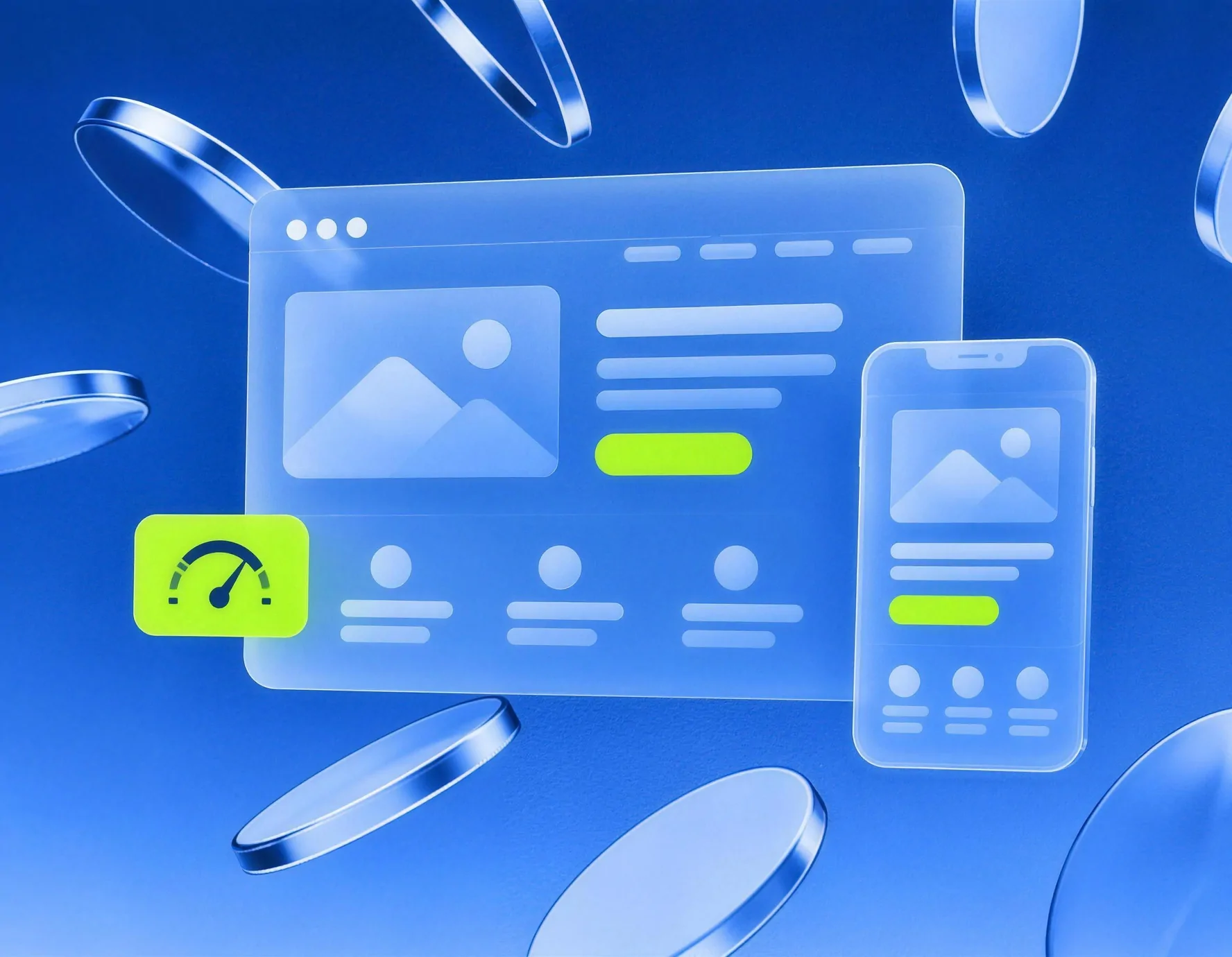 Illustration: Browserfenster und Smartphone mit Pagespeed-Tacho